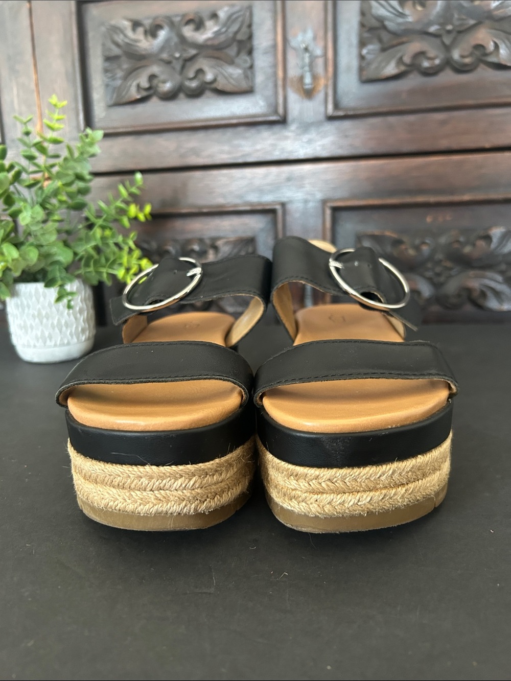 UGG Black Leather Platform Espadrille Sandals with Silver Buckle - Picture 9 of 15